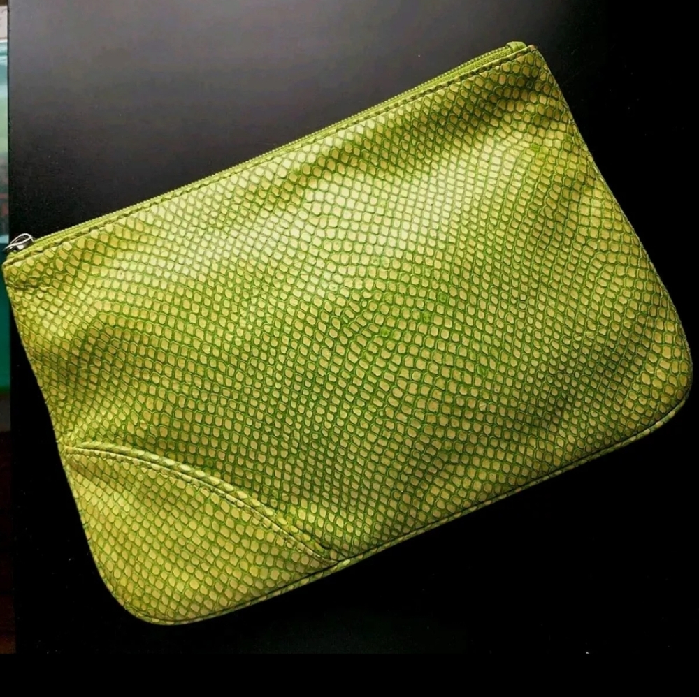 Cynthia Rowley Vintage Green Embossed Print Faux Leather Clutch Bag